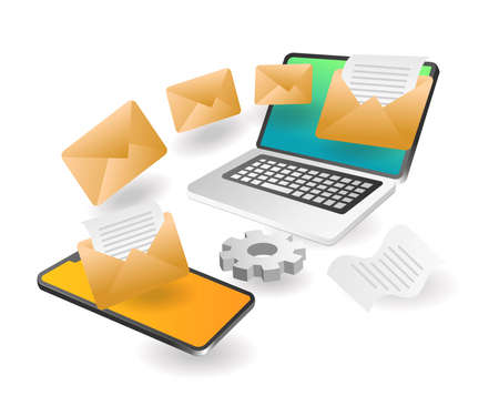 Flat isometric concept illustration. send email data from smartphone to computerのイラスト素材