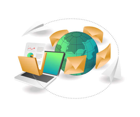 Flat isometric concept illustration. send email data to any part of the worldのイラスト素材