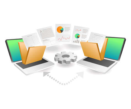 Flat isometric concept illustration. transfer analyst data between computersのイラスト素材