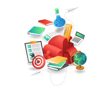 Flat isometric illustration concept. back to creative education schoolのイラスト素材