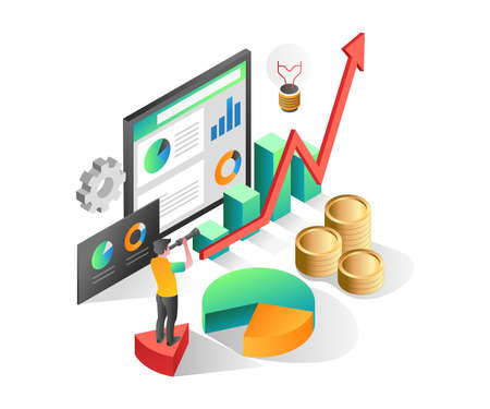 Flat isometric illustration concept. man looking at successful investment business analysis dataのイラスト素材