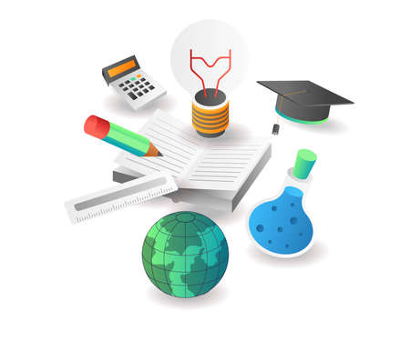 Flat isometric illustration concept. idea lamp above the book with school tools
