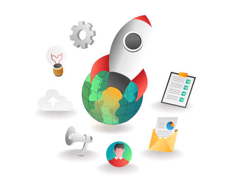 Flat isometric illustration concept. rocket launch around the worldのイラスト素材