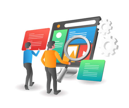 Flat isometric illustration concept. the man is maintaining the web application designのイラスト素材