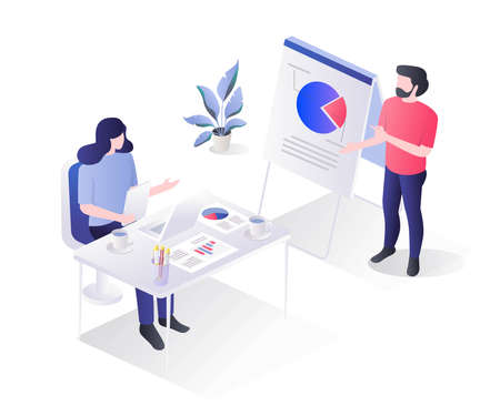 Isometric flat illustration concept. the work team is discussing developing a businessのイラスト素材