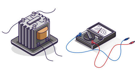 Flat isometric concept illustration. bundle set of energy icons avo meter and electric transformer