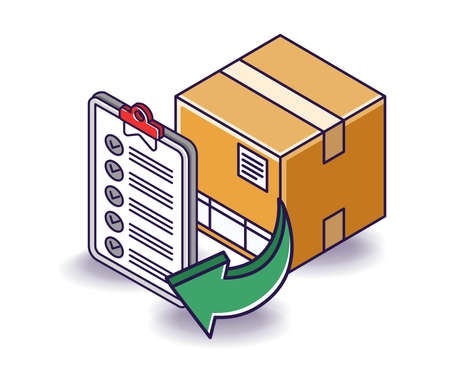 Flat isometric concept illustration. check the data list for the shipping package boxのイラスト素材