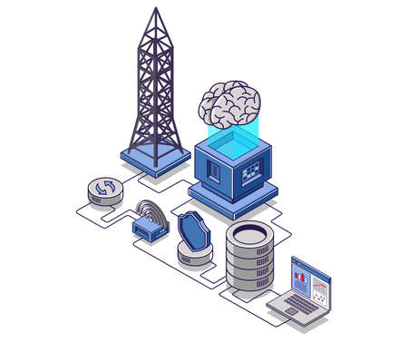 Flat isometric concept illustration. Internet network radar tower and data server
