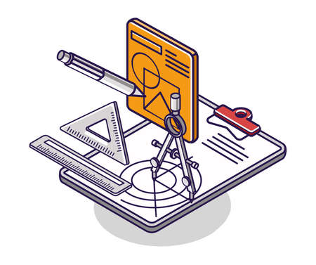 Flat isometric concept illustration. technical drawing conceptのイラスト素材