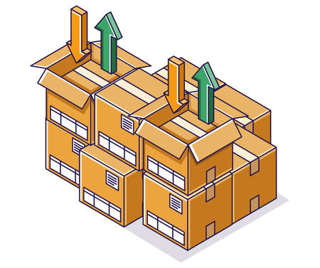 Flat isometric concept illustration. pile of cardboard boxesのイラスト素材