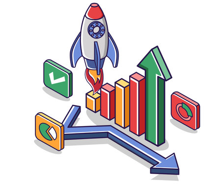 Flat isometric concept illustration. Rocket launch analysisのイラスト素材