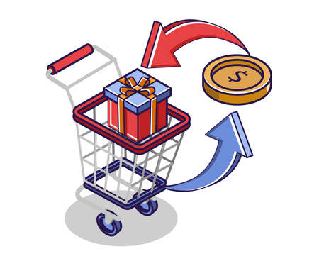 Flat isometric concept illustration. shopping with trolleyのイラスト素材