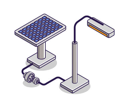 Flat isometric concept illustration. use of solar panel electrical energy for the world
