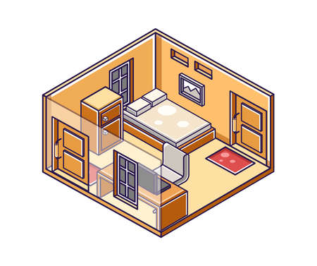Flat isometric concept illustration. bedroom and study spaceのイラスト素材