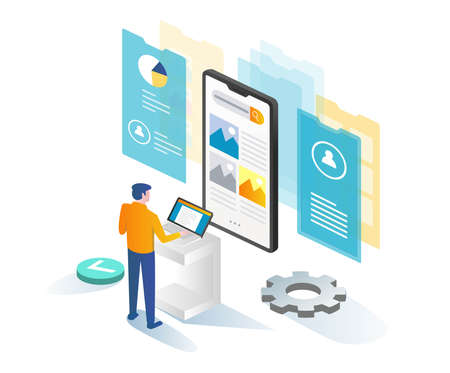 Man tests smartphone app and maintainsのイラスト素材