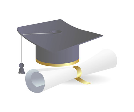 Graduation cap and diploma isolated on white background. Vector illustration.のイラスト素材