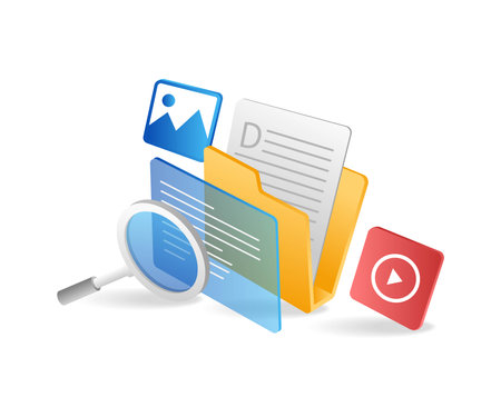 Flat isometric 3d illustration concept of searching stored data in folder with magnifying glassのイラスト素材