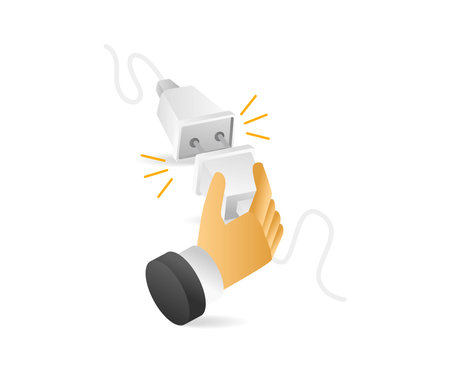 Flat isometric 3d illustration of hands connecting electrical plugsのイラスト素材