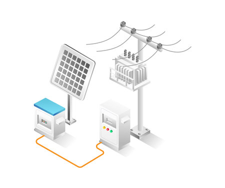 Flat isometric 3d illustration concept of solar energy storage channelのイラスト素材