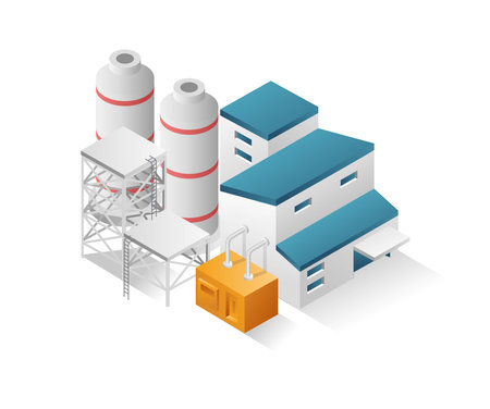 Flat isometric concept 3d illustration factory industrial minimalist building with big gas cylinderのイラスト素材