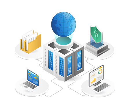Data center isometric vector illustration. 3d server room with globe, computer network, folders and documentsのイラスト素材