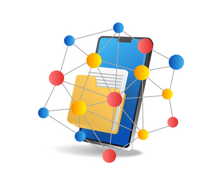 Vector illustration of a smartphone with a folder and a network on a white backgroundのイラスト素材