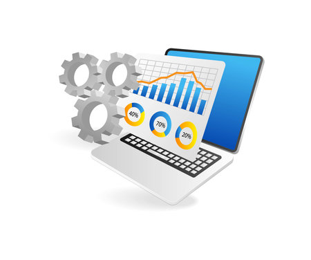 Laptop with business chart and gears on white background. Vector illustration.のイラスト素材