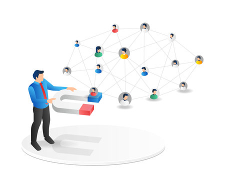 Vector illustration. A man holds a big magnet to connect people.のイラスト素材