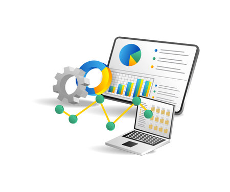 laptop with graph and chart on white background. Isometric vector illustration.のイラスト素材