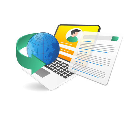 Global communication concept. Laptop with globe and document. Vector illustrationのイラスト素材