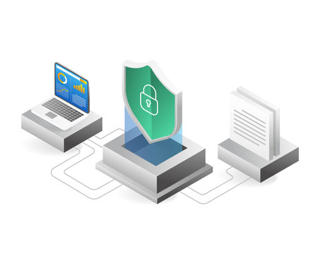 Data protection isometric concept. Server, laptop, shield and keyhole. Vector illustrationのイラスト素材
