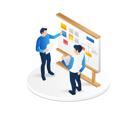 Project management isometric concept. Business people working on whiteboard. Vector illustrationのイラスト素材