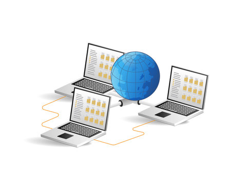 Laptop network connected to global sphere. Isometric vector illustration.のイラスト素材
