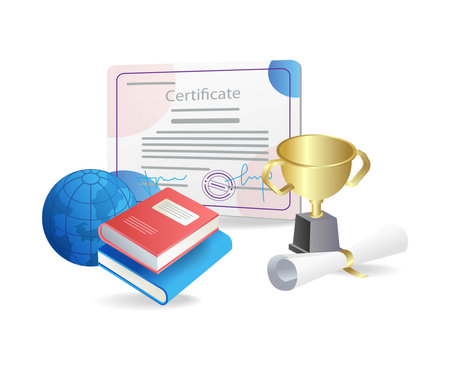 Vector illustration of a school subject with a diploma, books and a trophyのイラスト素材