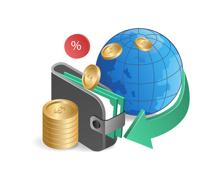 Vector illustration of a flat 3d isometric wallet with coins and a globe.のイラスト素材