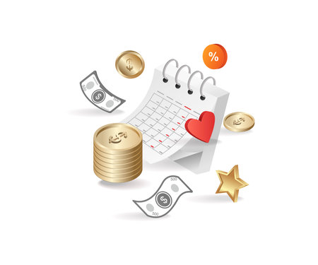 Monthly financial calendar and system concept isometric illustrationのイラスト素材