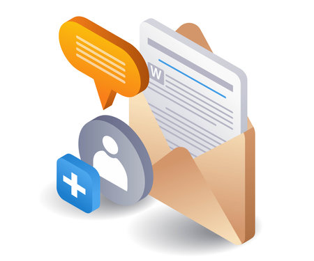 Email inviting new followers, flat isometric 3d illustrationのイラスト素材
