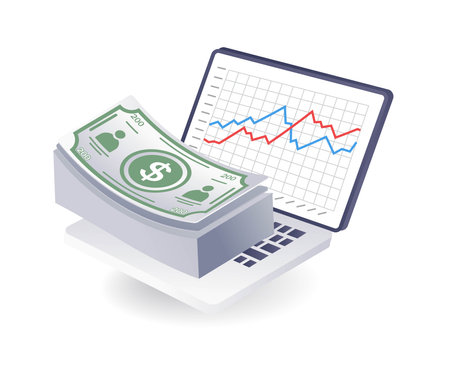 Earning money from computer internet concept, flat isometric 3d illustrationのイラスト素材