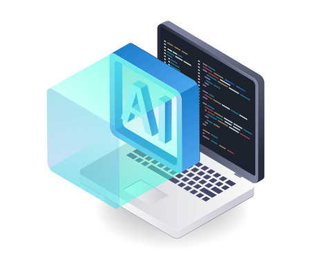 Programmer cooperation with artificial intelligence concept, flat isometric 3d illustrationのイラスト素材