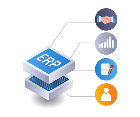 ERP network business management infographic flat isometric 3d illustrationのイラスト素材
