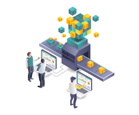 Teamwork in Blockchain Development flat isometric illustrationのイラスト素材