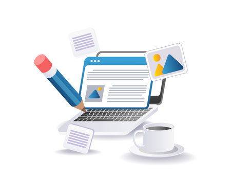 Working on the computer with a cup of coffeeのイラスト素材