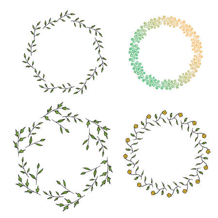 Four round frames made of green branches and different multicolor decorative elements. Wreaths on white background for your designのイラスト素材