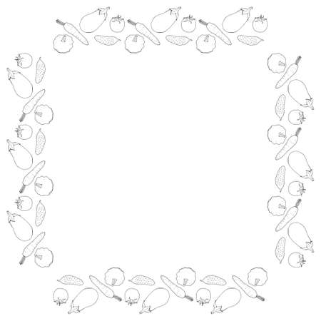 Square frame with vegetables 1. Isolated frame with eggplant, tomato, cucumber, squash and carrot on white background. Vector image.のイラスト素材