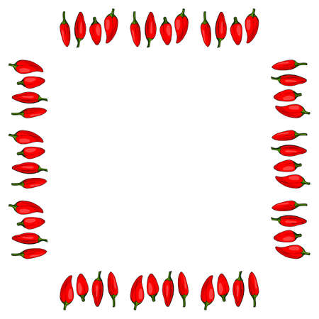 Square frame of red hot peppers on white background. Isolated frame for your design.のイラスト素材