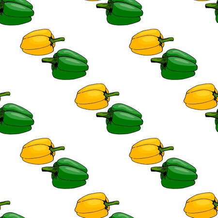 Seamless pattern of yellow and green peppers on white background. Endless background for your design. Ingredients for cooking.のイラスト素材