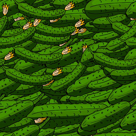 Seamless background with many green cucumbers. Endless pattern for your design. Vector image.のイラスト素材