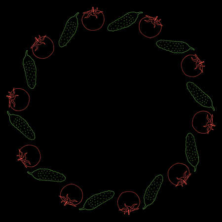 Round frame with colored cucumber and tomato on black background. Isolated frame for your design. Vector image.のイラスト素材