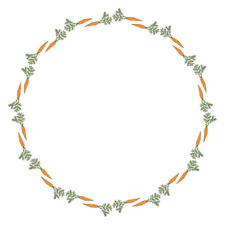Round frame with beautiful orange carrots on white background. Isolated wreath for your design.のイラスト素材