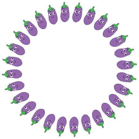 Round frame of positive eggplant. Kawaii frame for your design.のイラスト素材